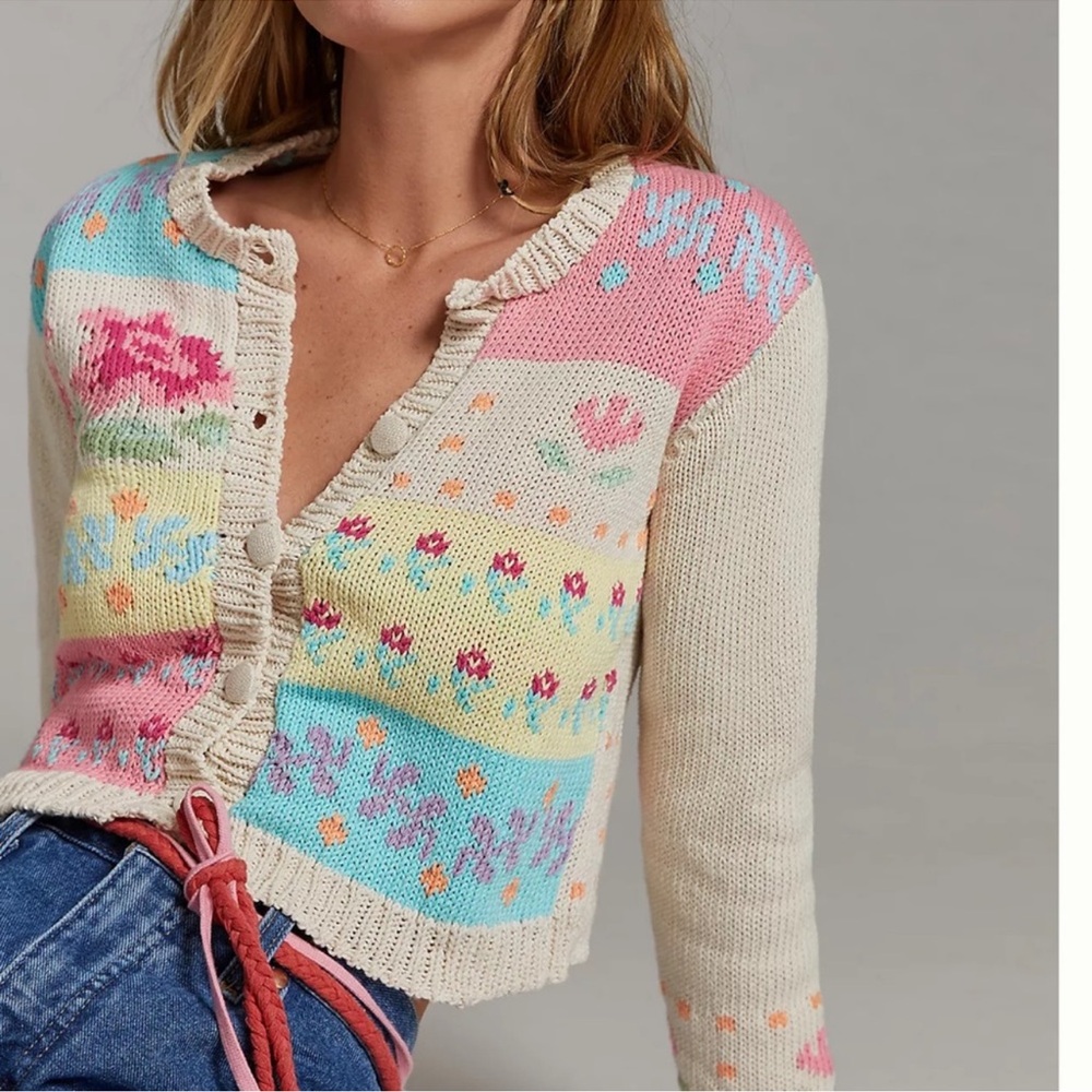 TACH Multicolor Floral Knit Cardigan Priscilla Intarsia USA xs